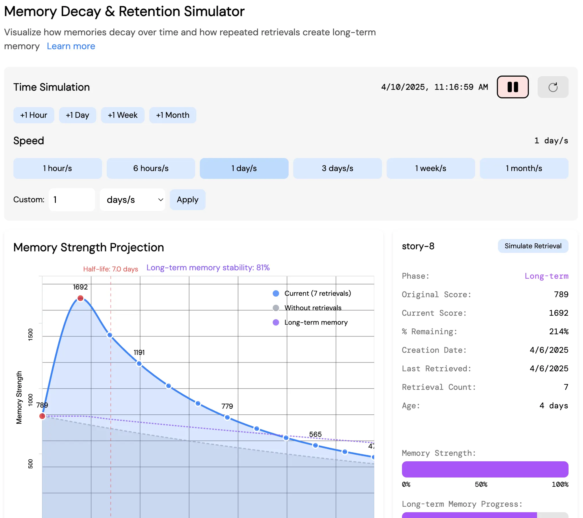 memory decay & retention simulation